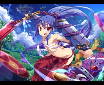1girl armpits ass bare_shoulders bow budget_sarashi bushidou_(sekaiju) bushidou_2_(sekaiju) butt_crack clothing_cutout cloud collarbone day downpants etrian_odyssey fang female_focus flat_chest floating_island grass hair_bow hakama hakama_skirt hip_vent holding holding_sword holding_weapon japanese_clothes leaning_forward loli long_hair looking_at_viewer midriff nature open_mouth outdoors ponytail public_indecency public_nudity purple_hair red_eyes red_hakama ribs sarashi scabbard severed_limb sheath shield side_slit sidelocks skirt sky solo standing sword toraishi_666 tree vambraces very_long_hair weapon
