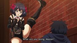 1boy 1girl animated anime_screenshot black_hair black_shorts black_thighhighs blue_eyes blunt_bangs blush breasts brown_gloves cape center_frills dress fingerless_gloves flexible frilled_shirt frills gloves highres krai_andrey leg_up legs looking_at_another medium_breasts medium_hair nageki_no_bourei_wa_intaishitai neck_ribbon red_ribbon ribbon romper shirt shorts sleeveless sleeveless_dress sound spread_legs subtitled thick_thighs thighhighs thighs tino_shade video white_shirt wide_hips