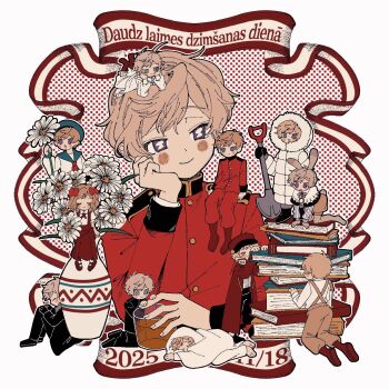 6+boys animal_ears axis_powers_hetalia blonde_hair blush closed_eyes coat commentary cup dated flower fur-trimmed_coat fur_trim hat highres holding holding_shovel jacket kemonomimi_mode latvia_(hetalia) latvian_text military_uniform mini_person miniboy multiple_boys pants powapowa_000 purple_eyes rabbit_boy rabbit_ears rabbit_tail shirt shorts shovel smile solo_focus suspenders symbol-only_commentary tail vase