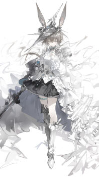 1girl absurdres amiya_(arknights) amiya_(guard)_(arknights) amiya_(guard)_(in_a_myriad_of_universes)_(arknights) animal_ears arknights armor black_hair black_skirt blue_eyes boots chinese_commentary closed_mouth commentary_request gauntlets greaves helmet highres holding holding_sword holding_weapon knee_boots long_hair looking_at_viewer luozhou_pile official_alternate_costume rabbit_ears rabbit_girl shirt single_gauntlet single_greave sitting skirt smile solo sword twintails weapon white_boots white_shirt