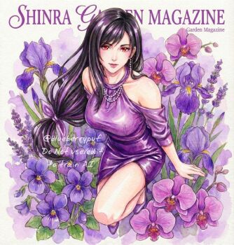 1girl alternate_costume bare_shoulders black_hair breasts closed_mouth commentary cover dress earrings english_commentary final_fantasy final_fantasy_vii flower from_above full_body hair_ribbon high_heels highres jewelry light_smile long_hair looking_at_viewer low-tied_long_hair magazine_cover medium_breasts monsterbf1ilove nail_polish off-shoulder_dress off_shoulder pumps purple_dress purple_flower purple_nails purple_ribbon purple_shoes red_eyes ribbon shoes single_sidelock solo tifa_lockhart twitter_username