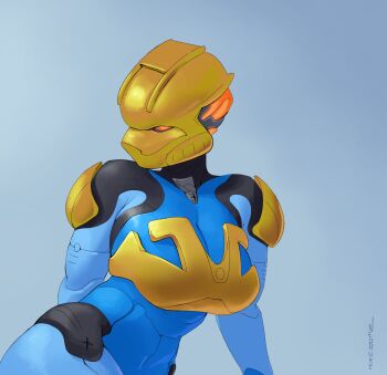 1girl absurdres armor artist_name bionicle breastplate breasts cleavage gali_(bionicle) gold golden_week grey_background highres humanoid_robot looking_at_viewer medium_breasts neoruke orange_eyes robot shoulder_armor sitting solo_focus the_lego_group