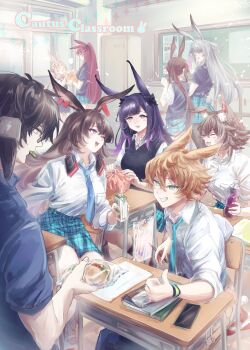 2boys 6+girls absurdres amiya_(arknights) animal_ears april_(arknights) arknights ayerscarpe_(arknights) black_hair black_sweater_vest blonde_hair blue_eyes blue_necktie blue_shirt blue_skirt bottle breasts brown_hair caper_(arknights) cellphone classroom closed_eyes collared_shirt desk food grey_hair highres large_breasts leonhardt_(arknights) long_hair misago33695466 multiple_boys multiple_girls necktie open_mouth phone pink_hair plaid_clothes plaid_skirt ponytail purple_eyes purple_hair rabbit_boy rabbit_ears rabbit_girl ray_(arknights) rope_(arknights) sandwich savage_(arknights) school_desk school_uniform shirt short_hair short_sleeves skirt sleeves_rolled_up smartphone sweater_vest warmy_(arknights) white_shirt yellow_eyes