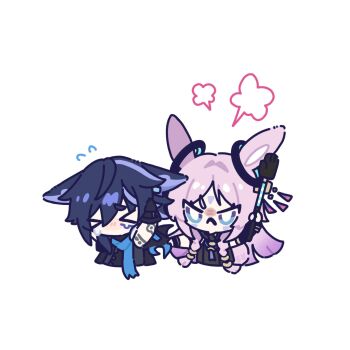 >_< 1boy 1girl :< angry animal_ears arm_up armlet asymmetrical_gloves bat_ears_ bat_wings black_gloves black_leotard black_sleeves blue_eyes blue_hair blue_scarf blunt_ends blunt_tresses braid bright_pupils cape_grab chibi citlali_(genshin_impact) closed_mouth clothes_grab dark_blue_hair ears ears_down ears_through_headwear elbow_gloves facial_hair feather_hair_ornament feathers fingerless_gloves floating_headgear genshin_impact glove_belt gloves gradient_hair grandmother_and_grandson hair_intakes hair_ornament hair_rings hair_tubes hand_on_own_head hand_up headgear highres holding holding_pole jacket jewelry jitome leotard long_hair multicolored_hair no_mouth open_clothes open_jacket ororon_(genshin_impact) outstretched_arms parted_bangs pink_hair pole purple_hair rabbit_ears saden_meow scarf short_eyebrows short_sleeves sidelocks single_sleeve sweat teardrop twin_braids undershirt v-shaped_eyebrows white_background white_pupils wings