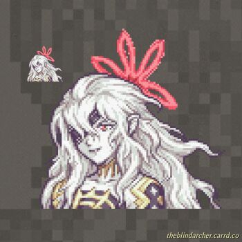 1girl animal_ears bat_ears bat_girl black_lips embla_(fire_emblem) eyepatch fire_emblem fire_emblem_heroes flower_eyepatch highres long_hair looking_at_viewer nintendo official_style pale_skin pixel_art red_eyes solo theblindarcher unkempt white_hair