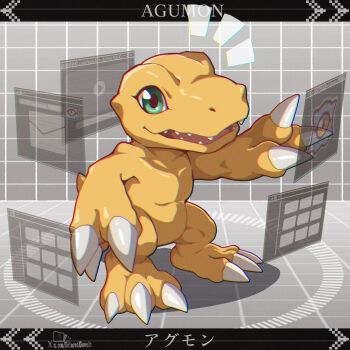 Rule 34 | agumon, character name, commentary, dclaret, digimon, digimon (creature), full body, green eyes, grey background, highres, holographic interface, kuramon, lizard, no humans, orange scales, parted lips, sharp teeth, solo, symbol-only commentary, teeth, translated