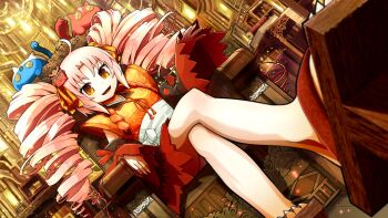 Rule 34 | 1girl, bare shoulders, black dress, black kimono, black sleeves, commentary request, crossed legs, curtained hair, detached sleeves, dress, drill hair, dutch angle, from below, geta, hair ornament, hair ribbon, highres, jacket, japanese clothes, kimono, kimono dress, light particles, long hair, long sleeves, onikko hunter tsuina-chan, open mouth, orange eyes, orange jacket, orange ribbon, parted bangs, perspective, peru co, pink hair, red dress, red rope, red sleeves, ribbon, ribbon-trimmed sleeves, ribbon trim, rope, sandals, sash, shimenawa, sitting, sleeveless, sleeveless dress, solo, tasuki, tengu-geta, tsuina-chan, twin drills, two-tone sleeves, very long hair, voiceroid, white sash, wide sleeves