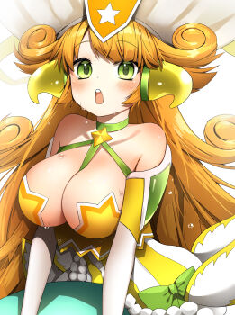 1girl absurdres bare_shoulders bow breasts cleavage commentary_request green_bow green_eyes hat highres kai_(nyanko_daisensou) large_breasts long_hair looking_at_viewer nyanko_daisensou open_mouth orange_hair pepushi_drow simple_background solo star_(symbol) sweat white_background