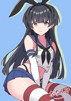 1girl animal_ear_hairband animal_ear_headwear animal_ears between_legs black_hair black_hairband black_neckerchief black_panties blue_sailor_collar blue_skirt blunt_bangs brown_eyes commentary_request cosplay crop_top dated elbow_gloves fake_animal_ears feet_out_of_frame gloves hairband highleg highleg_panties highres idolmaster idolmaster_shiny_colors kantai_collection long_hair looking_at_viewer mayuzumi_fuyuko microskirt miniskirt nanafumi_(nanafumino) neckerchief panties pleated_skirt rabbit_ears sailor_collar shimakaze_(kancolle) shimakaze_(kancolle)_(cosplay) shirt signature skirt sleeveless sleeveless_shirt solo striped_clothes striped_thighhighs thighhighs two_side_up underwear v_arms watermark white_gloves zettai_ryouiki
