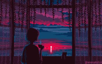 1other ambiguous_gender anas_abdin animated animated_gif commentary curtains death father_and_child from_behind limited_palette ocean original picture_frame pixel_art see-through_curtains sky steam sunset tea water willow window