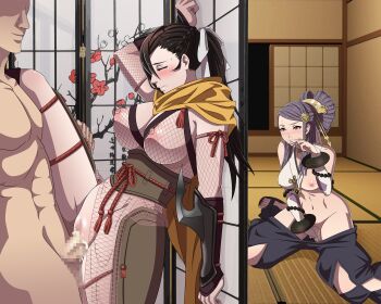1boy 2girls braid breasts breasts_out brown_hair caught censored closed_eyes covered_erect_nipples cum cum_in_pussy female_focus female_masturbation finger_to_mouth fingering fingernails fire_emblem fire_emblem_fates fishnets functionally_nude hair_ornament hair_over_one_eye hair_ribbon hetero huge_breasts indoors kagero_(fire_emblem) kneeling large_breasts leenvidia leg_up long_fingernails long_hair masturbation midriff multiple_girls nail_polish navel ninja nintendo nipples nude oiran one_eye_covered orochi_(fire_emblem) pelvic_curtain penis pink_eyes ponytail purple_eyes purple_hair pussy ribbon scarf sex standing standing_sex thighs vaginal voyeurism