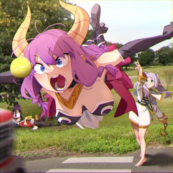 1boy 3girls absurdres arm_up aura_(sousou_no_frieren) aura_bullying_(meme) ball barefoot blue_eyes blue_sky blunt_bangs boots braid breast_rest breasts breasts_on_head capelet commentary day demon_girl demon_horns donut earrings elbow_gloves elf english_commentary fern_(sousou_no_frieren) fetch food frieren gloves hanging_breasts high_heel_boots high_heels highres holding horns jewelry khyle. large_breasts long_hair long_sleeves looking_ahead meme motion_blur multiple_girls open_mouth outdoors pants photo_background pink_hair pointy_ears purple_hair red_hair shirt skirt sky sousou_no_frieren standing stark_(sousou_no_frieren) striped_clothes striped_shirt tennis_ball thick_eyebrows tree v-shaped_eyebrows white_capelet white_skirt