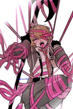 1boy aroused_nosebleed blonde_hair blood blush collared_shirt commentary_request cowboy_shot e.g.o_(project_moon) highres id_card limbus_company looking_at_viewer male_focus necktie nosebleed ohzv one_eye_covered open_mouth pink_ribbon project_moon red_necktie ribbon roseate_desire_(e.g.o) shirt short_hair sinclair_(project_moon) solo suspenders white_background white_shirt