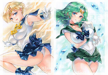 2girls aqua_hair armpits ass at_classics bishoujo_senshi_sailor_moon blonde_hair blue_bow blue_bowtie blue_eyes blue_sailor_collar blue_skirt bow bowtie breasts circlet clothes_lift frontal_wedgie gloves green_hair green_sailor_collar green_skirt high_heels kaiou_michiru lips long_hair marker_(medium) multiple_girls outer_senshi panties pantyshot sailor_collar sailor_neptune sailor_senshi_uniform sailor_uranus shirt short_hair skirt skirt_lift smile ten&#039;ou_haruka thick_thighs thighs traditional_media underwear wedgie white_gloves white_shirt yellow_bow yellow_bowtie