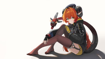 1girl absurdres asymmetrical_gloves beret black_gloves black_hat black_jacket chinese_commentary commentary_request dragon_girl dragon_horns fingerless_gloves gloves green_eyes hair_between_eyes hat highres hood hooded_jacket horns jacket long_hair long_sleeves magus_(zenless_zone_zero) mechanical_horns mechanical_tail mismatched_gloves no_shoes orange_hair orphie_magnusson pointy_ears red_pupils simple_background sitting tail thighhighs thighs toes twintails very_long_hair white_background xiangyu_xiangyu yellow_gloves zenless_zone_zero zipper