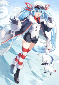 1girl 1other absurdres animal aqua_eyes aqua_hair binoculars black_coat black_gloves black_necktie black_shorts coat collared_shirt fur-trimmed_coat fur-trimmed_sleeves fur_trim gloves gradient_hair hair_between_eyes hair_ornament hair_ribbon hat hatsune_miku highres jacket light_blush long_hair long_sleeves looking_at_viewer multicolored_hair necktie official_alternate_costume official_alternate_hairstyle open_mouth peaked_cap rabbit rabbit_yukine red_ribbon red_shirt ribbon sailor_hat shirt short_shorts shorts striped_clothes striped_thighhighs thighhighs twintails very_long_hair vocaloid white_hair white_jacket yuki_miku yuki_miku_(2022) yunweishukuang