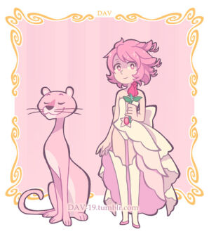 1girl clothing_cutout curly_hair dav-19 dress gem gem_(steven_universe) panther pearl_(species)_(steven_universe) pink_hair rose_quartz_universe short_hair smile solo star_cutout steven_universe the_pink_panther the_pink_panther_(character) white_dress