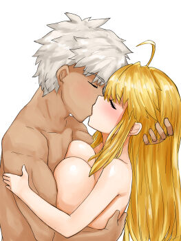1boy 1girl absurdres archer_(fate) artoria_pendragon_(fate) artoria_pendragon_(lancer)_(fate) blonde_hair blush braid braided_bun breasts commentary commission couple dark-skinned_male dark_skin english_commentary fate/grand_order fate_(series) hair_bun hetero highres kiss large_breasts long_hair nape_braid spiked_hair steamingtofu toned toned_male white_hair
