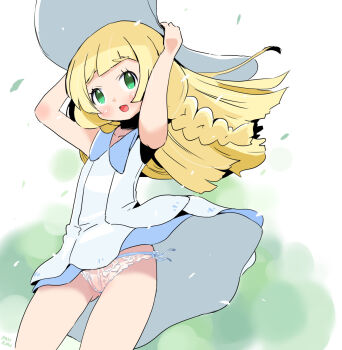 1girl arms_up blonde_hair blush braid cherry_blossoms collarbone dress flat_chest floral_print green_eyes hat highres lace lace-trimmed_panties lace_trim leaf lemon_pan lillie_(pokemon) loli long_hair looking_at_viewer nintendo open_mouth panties petals pink_panties pokemon pokemon_sm print_panties side-tie_panties sleeveless sleeveless_dress smile standing sun_hat twin_braids underwear white_dress white_hat wind wind_lift