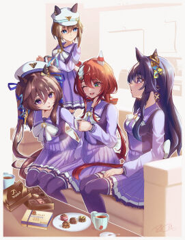Rule 34 | 4girls, ;d, absurdres, animal ears, beret, blue eyes, blue hair, blush, bow, bowtie, brown hair, cheval grand (umamusume), chocolate, commentary request, couch, ear covers, ears through headwear, feather hair ornament, feathers, food, green eyes, hair between eyes, hair ornament, hat, hat belt, highres, horse ears, horse girl, horse tail, indoors, long hair, long sleeves, looking at another, low twintails, macaron, multicolored hair, multiple girls, one eye closed, open mouth, peaked cap, pleated skirt, purple eyes, purple serafuku, purple shirt, purple skirt, purple thighhighs, red hair, rhea zmzm, sailor collar, sailor shirt, school uniform, serafuku, shirt, siblings, sidelocks, signature, single ear cover, sisters, sitting, skirt, smile, streaked hair, table, tail, thighhighs, tracen school uniform, twintails, umamusume, v sisters, valentine, verxina (umamusume), vivlos (umamusume), white bow, white bowtie, white hat, white skirt, win variation (umamusume)