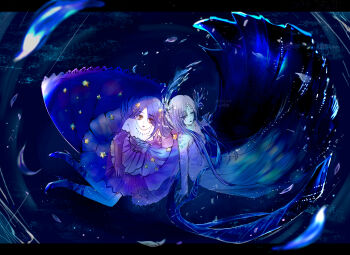 Rule 34 | 2girls, absurdres, ankle ribbon, arm tattoo, bare arms, black lips, blue dress, blue theme, born flawless (infinity nikki), brown eyes, closed mouth, commentary request, dot nose, dress, eyelashes, eyes visible through hair, facial tattoo, fish, frilled dress, frills, from above, full body, gown, hair ornament, hand on lap, high heels, highres, infinity nikki, lace, lace-trimmed dress, lace trim, leg ribbon, light particles, lipstick, liquid clothes, long hair, makeup, multiple girls, nikki (series), parted lips, print dress, purple dress, purple hair, purple ribbon, purple shoes, red lips, ribbon, shoes, shoulder tattoo, sitting, snake (pixiv 14301153), star (symbol), star hair ornament, star print, star sea (nikki), straight hair, strapless, strapless dress, tattoo, underwater, very long hair