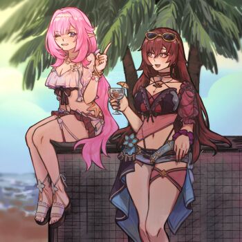 2girls bikini black_bikini blue_eyes blue_sky breasts brown_hair cleavage commentary cup detached_sleeves eden_(flowing_rhyme)_(honkai_impact) eden_(honkai_impact) elf elysia_(honkai_impact) elysia_(miss_pink_elf)_(honkai_impact) elysia_(summer_miss_elf)_(honkai_impact) english_commentary eyewear_on_head hairband highres holding holding_cup honkai_(series) honkai_impact_3rd jewelry large_breasts long_hair multiple_girls necklace official_alternate_costume palm_tree pink_hair platform_sandals pointy_ears sampignion sandals shell shell_necklace sitting sky sunglasses swimsuit thigh_strap thighs toes tree tropical_drink very_long_hair white_bikini white_hairband yellow_eyes