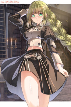1girl absurdres black_skirt blush braid buttons candle candlestand commentary_request fire_emblem fire_emblem:_three_houses floating_hair garreg_mach_monastery_uniform green_eyes highres indoors ingrid_brandl_galatea juliet_sleeves long_hair long_sleeves looking_at_viewer midriff_peek nintendo puffy_sleeves skirt solo thighs twitter_username very_long_hair wade_(njud8343)