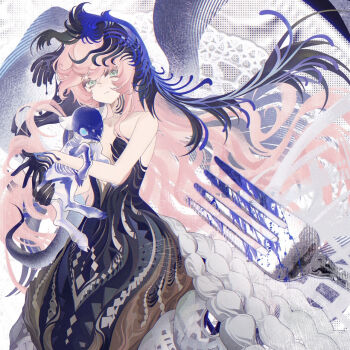 1girl animal animal_skeleton aqua_eyes baby_animal bare_arms bare_shoulders black_dress black_veil blue_veil chimera closed_mouth dress fork gradient_skin holding holding_animal lamb long_hair nautika_(reverse:1999) pink_hair reverse:1999 sannfukai sheep solo strapless strapless_dress two-tone_veil upper_body veil very_long_hair x-ray