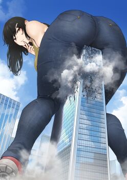 1girl ass bare_shoulders black_hair blue_sky building cloud commentary_request day denim destruction finger_to_own_chin from_below giant giantess hair_ornament hairclip highres jeans original pants red_footwear shoes sky skyscraper smile sneakers tank_top uru_(uru0000)
