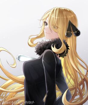 1girl black_eyes black_hair blonde_hair breasts cynthia_(pokemon) eyes_visible_through_hair hair_over_one_eye highres nintendo pokemon pokemon_dppt sakaralalala simple_background smile solo upper_body watermark white_background