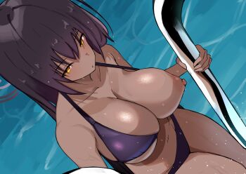 1girl absurdres alternate_costume bikini black_hair blue_archive breasts commentary cowboy_shot dark-skinned_female dark_skin dongurichaaado000 from_above from_side halo halterneck highres karin_(blue_archive) large_breasts long_hair navel nipples one_breast_out parted_lips pool poolside purple_bikini purple_halo solo swimsuit wet yellow_eyes