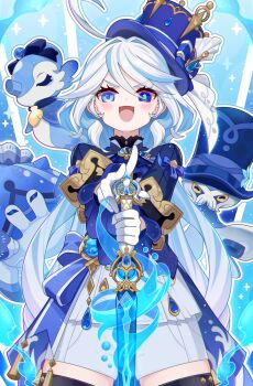 1girl :d absurdres ahoge ascot blue_ascot blue_eyes blue_hair blue_hat blue_jacket cowboy_shot drop-shaped_pupils furina_(genshin_impact) genshin_impact gentilhomme_usher gloves hat heterochromia highres holding holding_sword holding_weapon jacket long_hair looking_at_viewer m-1ng mademoiselle_crabaletta multicolored_hair open_mouth shirt shorts smile splendor_of_tranquil_waters_(genshin_impact) surintendante_chevalmarin sword symbol-shaped_pupils top_hat v-shaped_eyebrows vision_(genshin_impact) weapon white_gloves white_hair white_shirt white_shorts