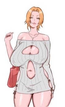 1girl absurdres alternate_hairstyle bag bare_shoulders bleach blue_eyes breasts chain chain_necklace collarbone dzenrei_(dzenrei_art) female_focus handbag highres jewelry large_breasts lips looking_to_the_side matsumoto_rangiku mole mole_under_mouth navel necklace no_bra orange_hair sagging_breasts simple_background thighs white_background