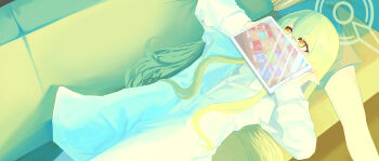 1boy 1girl absurdres black_shorts blue_archive commentary commentary_request covering_own_mouth dress_shirt english_commentary green_hair green_halo halo highres hikari_(blue_archive) holding holding_tablet_pc lap_pillow long_hair mixed-language_commentary morning okuta_rimu pointy_ears sensei_(blue_archive) shirt shorts tablet_pc white_shirt yellow_eyes
