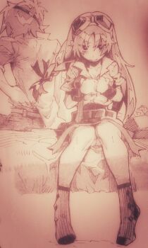 1boy 1girl aika_(eternal_arcadia) armband blush breasts cleavage dressing eternal_arcadia goggles goggles_on_head highres legs long_hair medium_breasts monochrome sasaki_tomomi sitting socks thighs traditional_media vyse