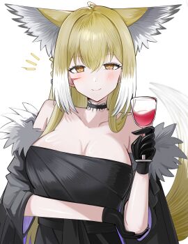 1girl absurdres alcohol animal_ears arknights bare_shoulders black_choker black_dress black_gloves blonde_hair blush breasts bright_pupils choker cleavage closed_mouth collarbone cup dress drink drinking_glass facial_scar fox_ears fox_girl fox_tail fur_trim gloves hair_between_eyes highres holding holding_drink large_breasts long_hair looking_at_viewer multicolored_hair notice_lines scar scar_on_cheek scar_on_face simple_background smile solo spam_(spamham4506) streaked_hair tail vulpisfoglia_(arknights) white_background white_pupils wine wine_glass yellow_eyes