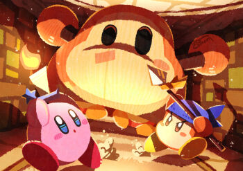 Rule 34 | absurdres, bandana, bandana waddle dee, blue bandana, blush stickers, candle, candlestand, colored skin, commentary request, highres, holding, holding candle, holding polearm, holding weapon, indoors, kirby, kirby's return to dream land, kirby (series), nintendo, no humans, pink skin, polearm, puppet waddle dee, running, shadow, signature, solid oval eyes, spear, waddle dee, watawata22, weapon