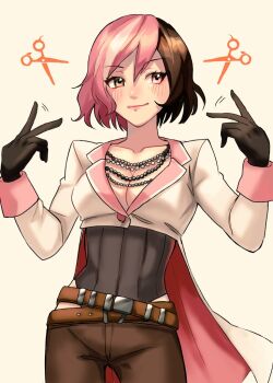 1girl alternate_hair_length alternate_hairstyle belt black_gloves blush breasts brown_belt brown_eyes brown_hair brown_pants cleavage closed_mouth clothing_cutout collarbone cowboy_shot double_v eyelashes gloves grey_sweater heterochromia hip_vent jacket jewelry lips long_sleeves motion_lines multicolored_hair multiple_belts multiple_necklaces naporitann_ice necklace neopolitan_(rwby) pants pink_eyes pink_hair rwby scissors short_hair simple_background smile solo split-color_hair streaked_hair sweater v white_background white_hair white_jacket white_streaks