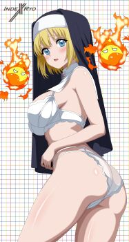 1girl ass blonde_hair blue_eyes blush bra embarrassed en'en_no_shouboutai indexryo iris_(enen_no_shouboutai) nun panties short_hair underwear