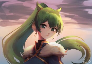 1girl animal_ears black_shirt blue_dress closed_mouth commentary dress english_commentary fire_emblem fire_emblem:_the_blazing_blade fire_emblem_shadows fur_trim green_eyes green_hair high_ponytail highres horse_ears horse_girl long_hair looking_at_viewer lyn_(fire_emblem) lyn_(plains_wind)_(fire_emblem) nintendo pipo_475 ponytail shirt smile solo upper_body very_long_hair