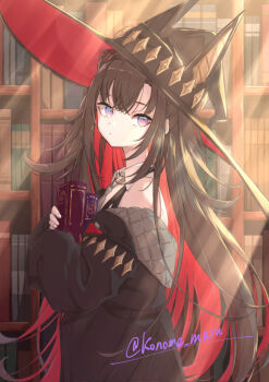 Rule 34 | 1girl, animal ear headwear, black hair, black hat, book, bookshelf, colored inner hair, commentary request, fake animal ears, hat, holding, holding book, karasu (reverseblue), konome maru, long hair, looking at viewer, multicolored hair, off shoulder, purple eyes, red hair, red hat, reverseblue x re-birthend, signature, solo, two-sided fabric, very long hair, witch hat