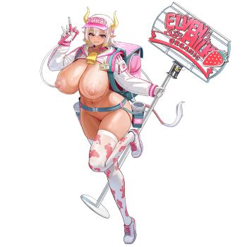 1girl animal_print ankh backpack bag beer_tap bell belt belt_buckle blue_belt blue_eyeliner breasts buckle character_name cleavage collar collarbone cow_horns cow_print cow_print_thighhighs cow_tail cowbell cropped_jacket cup cup_holder dark-skinned_female dark_skin english_text eye_of_horus eyeliner fake_horns fake_tail food fruit full_body game_asset gloves grin hair_between_eyes hat hathor_(last_origin) highres holding holding_sign hood hoodie horns huge_breasts jacket knee_up last_origin lips looking_at_viewer makeup name_tag navel neck_bell nipples non-web_source nozzle nude official_alternate_costume official_art pink_bag pink_collar pink_hat pointy_ears print_thighhighs puffy_nipples purple_eyes pussy self-datamine shiny_skin shoes short_hair shrug_(clothing) sidelocks sign simple_background skindentation smile sneakers solo sprayer standing standing_on_one_leg strawberry sweat tachi-e taesi tail thick_thighs thighhighs thighs track_jacket transparent_background uriko_(baseball) v visor_cap white_gloves white_hair white_hoodie white_jacket white_shoes white_shrug