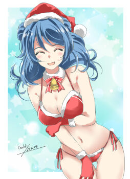 1girl artist_name bikini blue_background blue_hair blush breasts christmas cleavage closed_eyes clover_background commentary_request dated double_bun fur-trimmed_bikini fur_trim gakky gloves hair_bun hat highres kantai_collection large_breasts long_hair looking_at_viewer navel red_gloves santa_bikini santa_costume santa_hat smile solo swimsuit urakaze_(kancolle)
