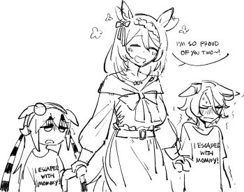 3girls animal_ears blush bow bowtie breasts closed_eyes clothes_writing commentary ears_down english_text holding_hands horse_ears horse_girl kaibootsu long_hair medium_breasts motion_lines multiple_girls narita_taishin_(umamusume) open_mouth shirt short_hair sketch smile speech_bubble standing super_creek_(casual)_(umamusume) super_creek_(umamusume) sweat tamamo_cross_(umamusume) trembling turn_pale umamusume
