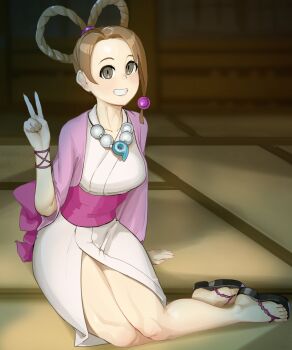 1girl absurdres ace_attorney blurry blurry_background blush breasts brown_hair collarbone feet forehead full_body grey_eyes hair_ornament hair_rings hand_up highres indoors japanese_clothes jewelry kimono legs looking_at_viewer mdthetest medium_breasts necklace obi on_ground parted_bangs pearl_fey pink_sash sandals sash sitting smile solo tatami thighs toes v white_kimono yokozuwari zouri