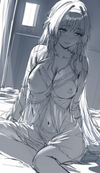 bed breasts collarbone commentary embarrassed english_commentary headband hews highres kaoru_hana_wa_rin_to_saku long_hair navel neck nightgown nipples on_bed revision see-through_clothes sketch waguri_kaoruko wavy_hair