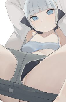 1girl black_panties blue_bra blue_eyes blue_hair blunt_bangs bra breasts collarbone commentary grey_shirt grey_shorts highres hiroki_(yyqw7151) looking_at_viewer open_clothes open_shirt original panties shirt shorts simple_background small_breasts solo underwear white_background