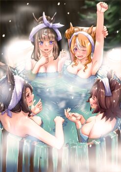 Rule 34 | 4girls, absurdres, ahoge, almond eye (umamusume), animal ears, armpits, arms up, bare shoulders, bathing, bathtub, blonde hair, blue eyes, blush, breasts, brown hair, cleavage, closed eyes, collarbone, commentary request, double bun, fusaichi pandora (umamusume), hair between eyes, hair bun, headband, highres, horse ears, horse girl, kanaga, king halo (umamusume), large breasts, long hair, medium breasts, medium hair, multicolored hair, multiple girls, one eye closed, open mouth, overflowing, overflowing bath, purple eyes, red eyes, rhein kraft (umamusume), same-sex bathing, shared bathing, smile, stretching, towel, towel on head, umamusume, water, white headband
