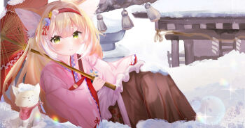 Rule 34 | 1girl, :q, absurdres, animal, animal ears, apron, arknights, blonde hair, closed mouth, colored tips, commentary, flower, fox, fox ears, fox girl, frilled apron, frills, green eyes, hair flower, hair ornament, hairband, hakama, highres, holding, holding umbrella, japanese clothes, kimono, long hair, looking at viewer, multicolored hair, official alternate costume, oil-paper umbrella, pink kimono, red hairband, red umbrella, rovpsama, sitting, skirt, snow, solo, suzuran (arknights), suzuran (yukibare) (arknights), tongue, tongue out, two-tone hair, umbrella, waist apron, white apron, white hair