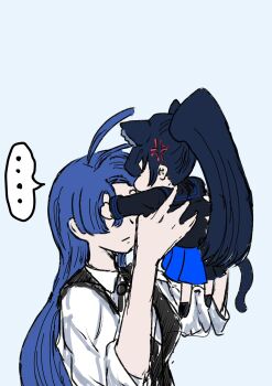... 2girls ado_(utaite) ahoge anger_vein animal_ear_fluff animal_ears black_sailor_collar black_serafuku black_shirt black_skirt black_vest blue_background blue_hair blue_skirt cat_ears cat_girl cat_tail cloud_nine_inc collared_shirt covering_another&#039;s_eyes dark_blue_hair highres kemonomimi_mode lone_nape_hair long_hair long_sleeves merry_(ado) mini_person multiple_girls naima_(ado) pleated_skirt ponytail readymade_(ado) sailor_collar school_uniform serafuku shirt simple_background skirt three-quarter_sleeves spoken_ellipsis tail tone_(tone0604) two-tone_skirt upper_body usseewa vest white_shirt
